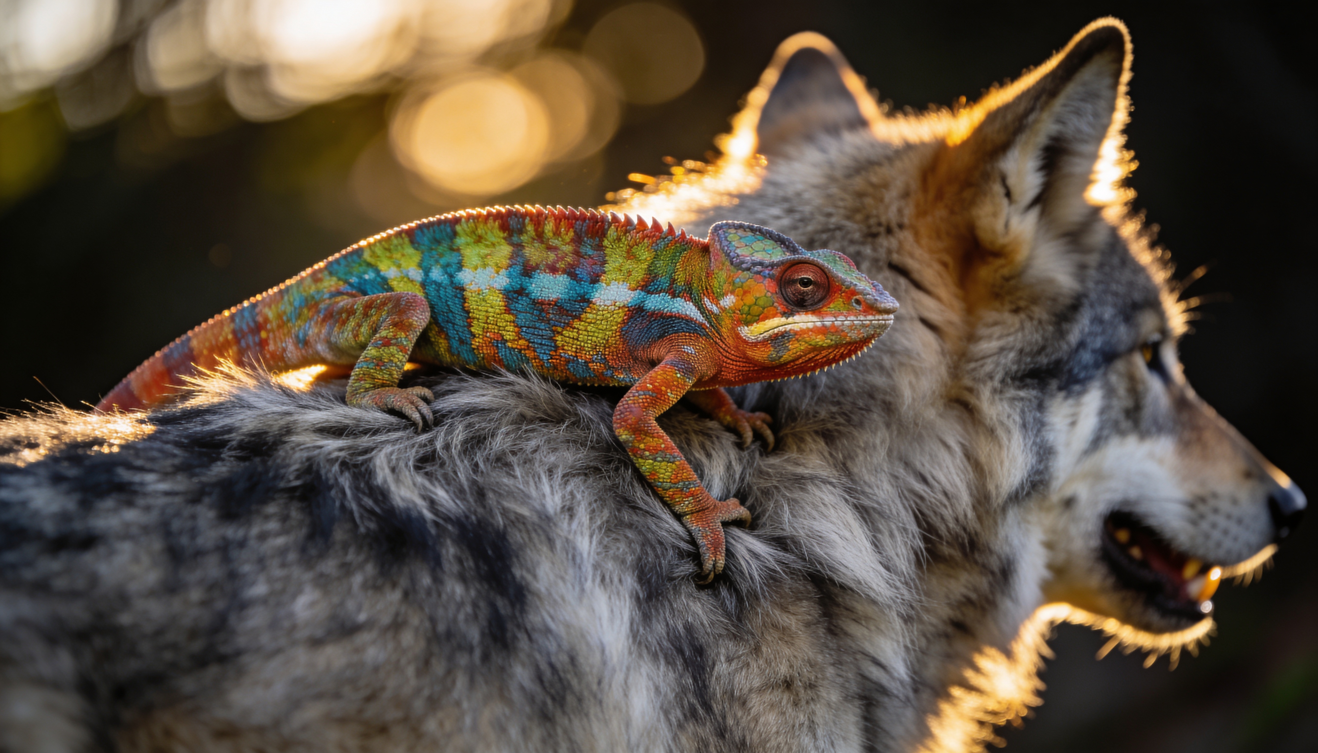 Iguane et Loup, a painterly portrait of an iguana in period costume beside a wolf, used to demonstrate L'AItelier's watermarking.
